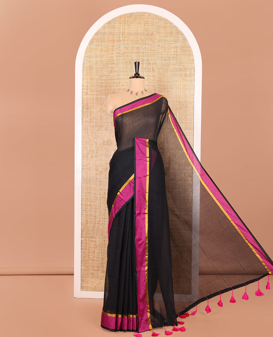 Black Plain Khadi Mul Cotton Saree, Complemented by Contrast Zari Striped Border, Plain Pallu, and Paired with a Matching Blouse