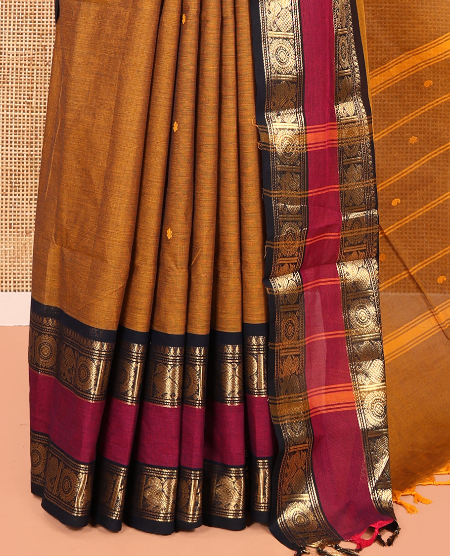 Mustard Chettinad Cotton Saree, Sparsely Woven with Buttas on Its Body, Complemented by a Contrast Rettai Pettu Border of Thilakam, and Peacock-Chakram Designs, Pallu of Stripes and Buttas, and Paired with a Matching Blouse