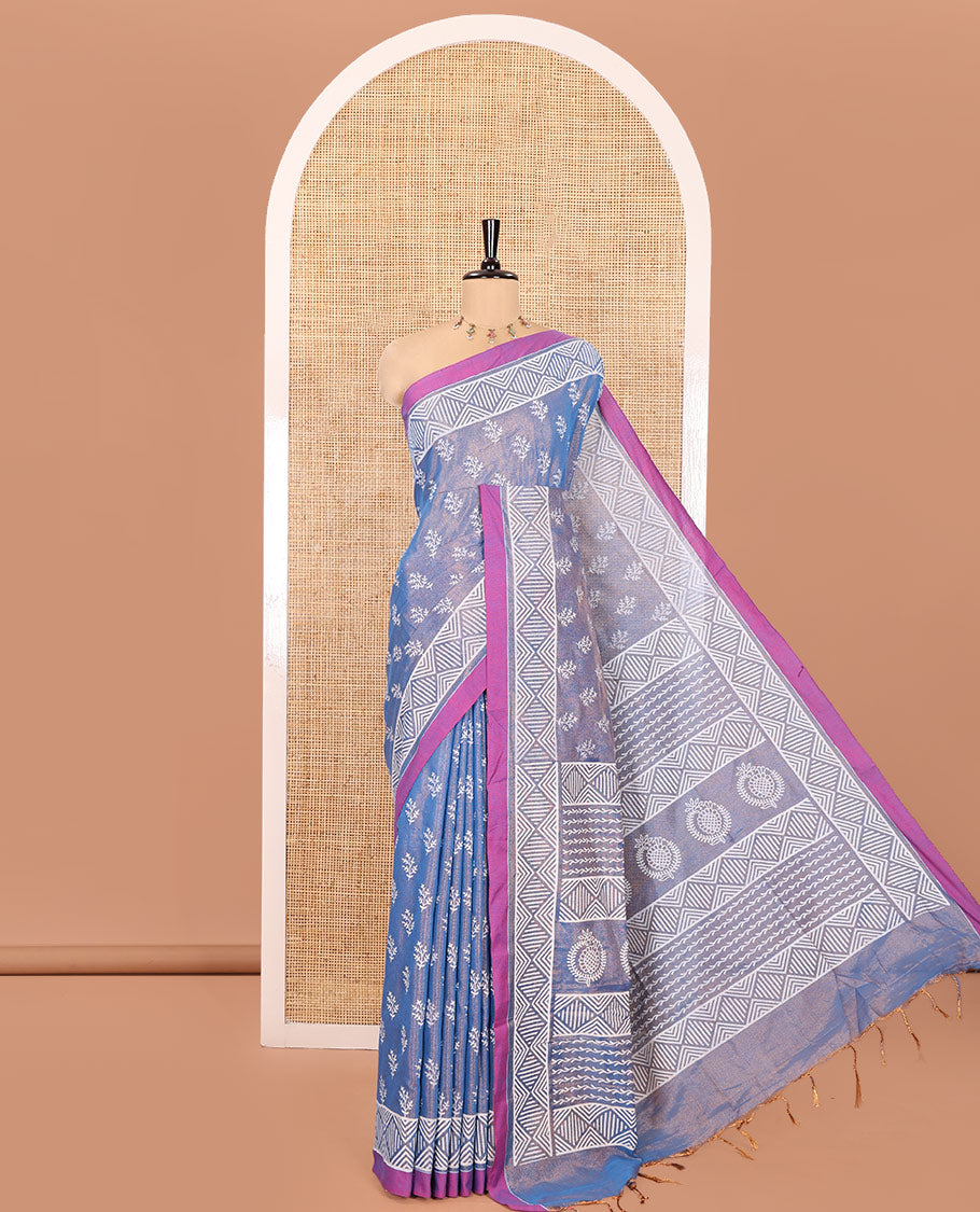 Blue Khadi Tissue Saree, Adorned with Leaf Buttas All Over Its Body, Highlighted by Geometric Patterned Border, Pallu Depicts Geometric Prints, and Paired with a Matching Blouse