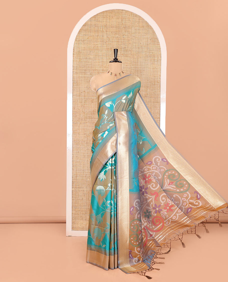 Blue Mulberry Soft Silk Saree, Embellished with Zig-Zag Stripes and Floral Jaal Design on Its Body, Highlighted by a Zari-Decked-Up Border, Pallu Features an Ikkat Design Weave, and Paired with a Blouse