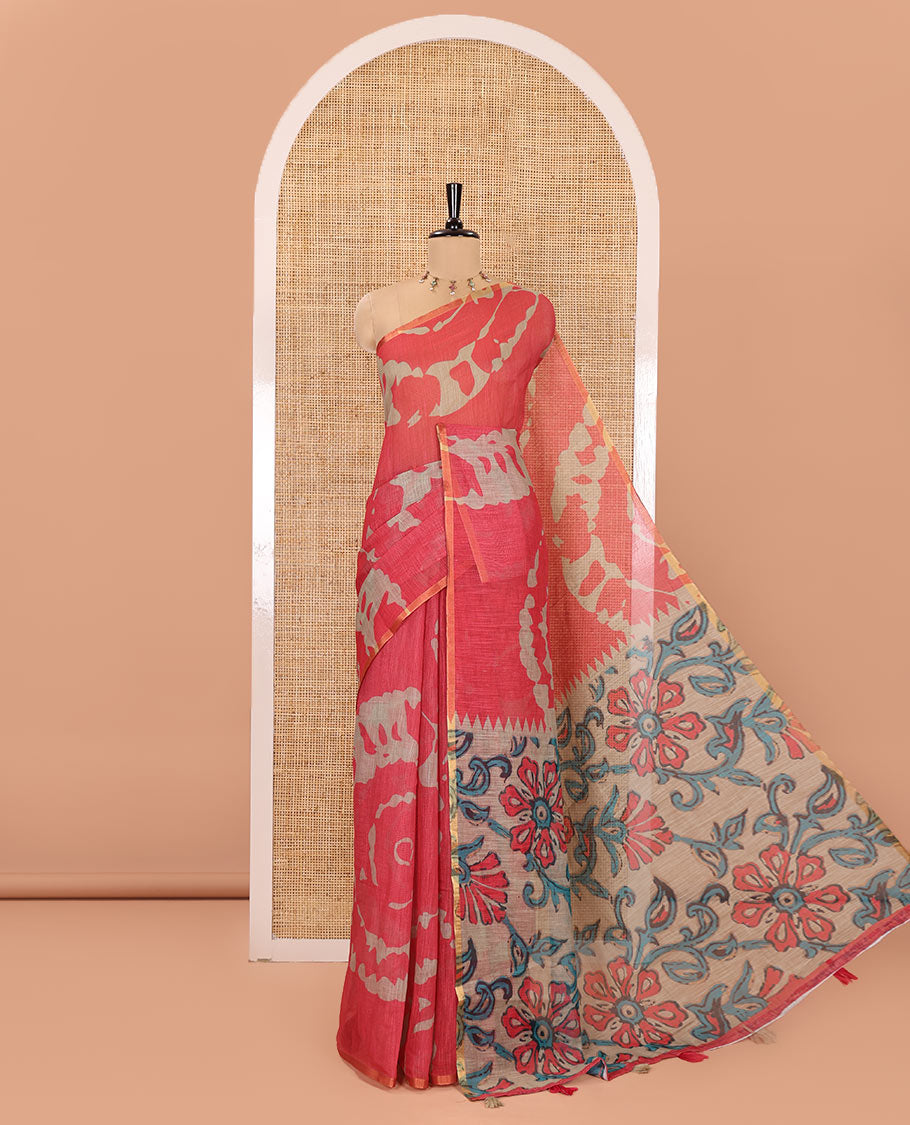 Pink Linen Saree, Decked up with Abstract-Style Print on Its Body, Subtle Piping Border, Captivating Pallu of Floral Vine Print, and Paired with a Contrast Floral Printed Blouse