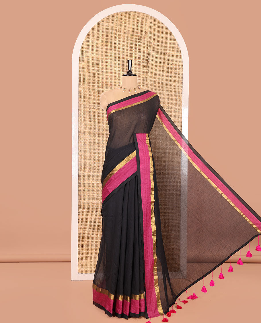 Black Plain Khadi Mul Cotton Saree, Complemented by a Contrast Pink Zari Border, Plain Pallu, and Paired with a Matching Blouse