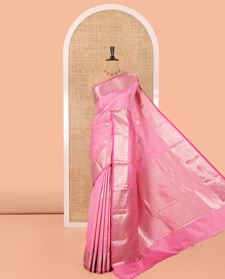 Pink Kanchi Silk Saree, Beautifully Bedecked with Zari Buttas and Zari Checks on Its Body, Highlighted by a Traditional Zari Design Border, Intricately Designed Pallu, and Paired with a Matching Blouse