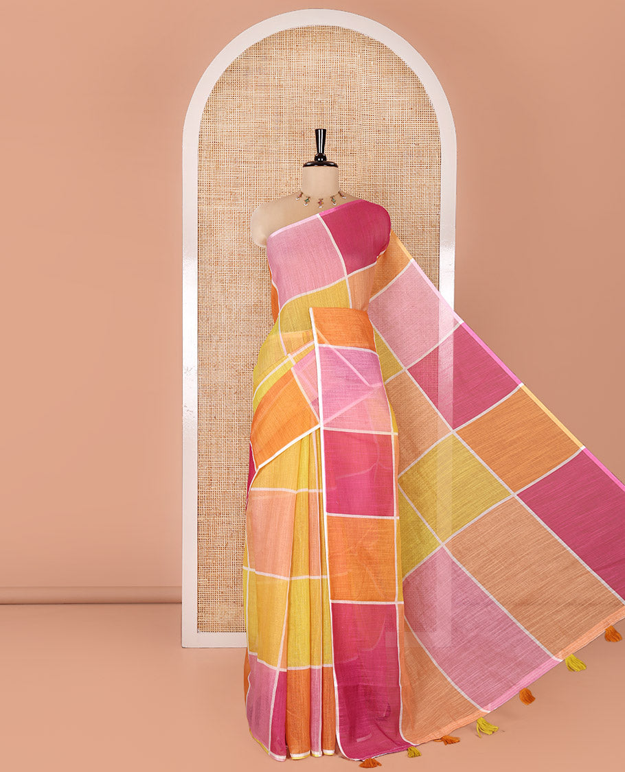 Borderless Multi-color Linen Cotton Saree, Beautified with Big Colorful Solid Checks On Its Body, Self-Pallu of Tassels, and Paired with a Contrast Plain Blouse