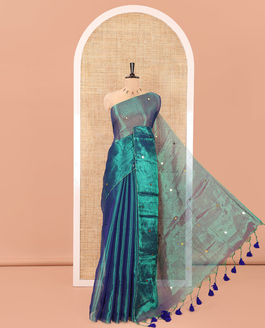 Borderless Rama Khadi Tissue Silk Saree, Enriched with Sequins On Its Body, a Self-Pallu and Paired with a Matching Blouse