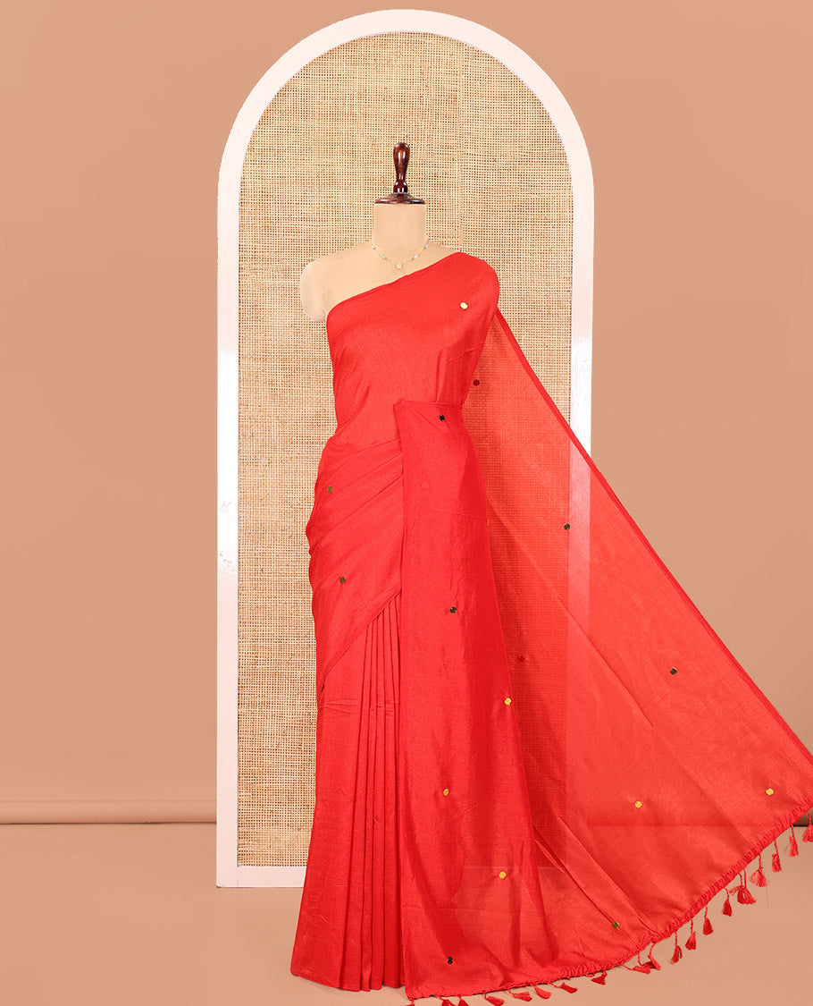 Borderless Red Vichitra Silk Saree, Gleamed Up with Sequin Work on Its Body, Highlighted by a Self-Pallu of Sequin Work, and Paired with a Matching Blouse