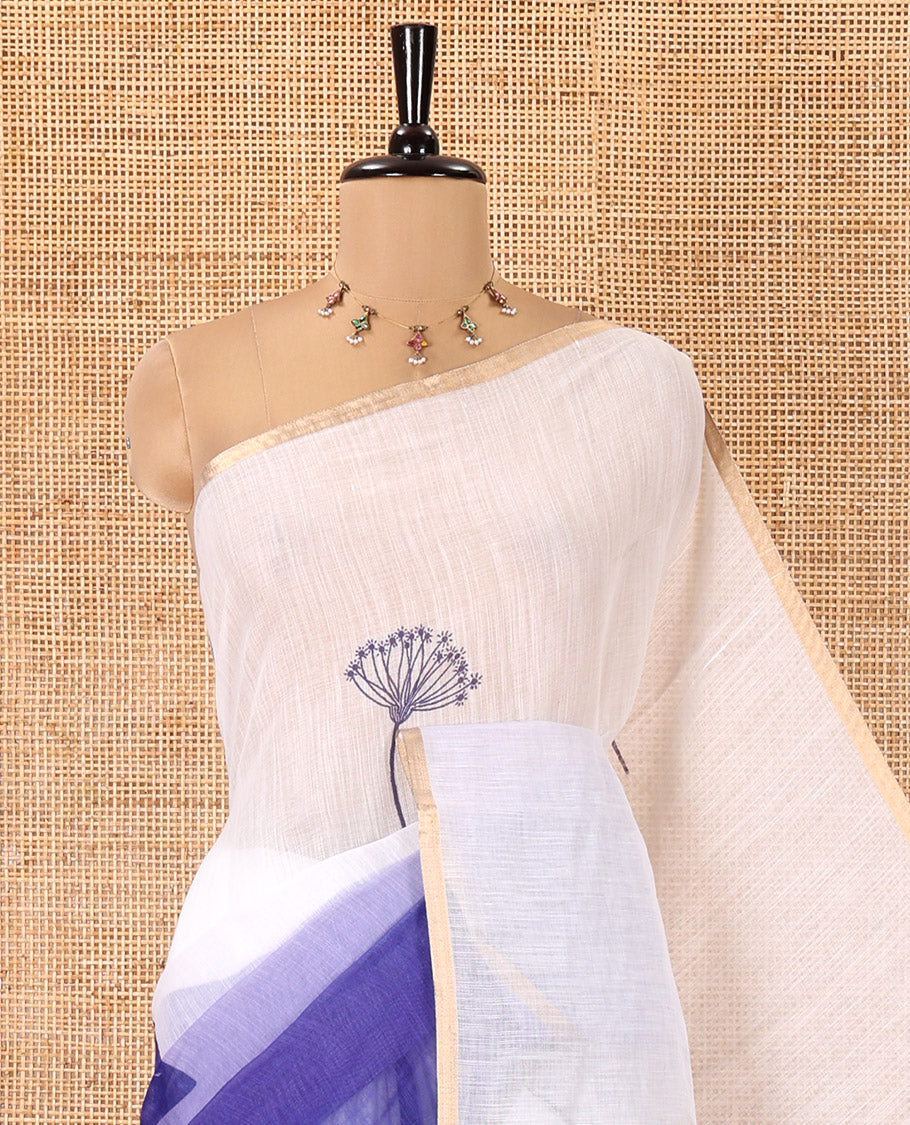 White-Blue Linen Cotton Saree Features Floral Print, Ombre-Style Dual-Color, a Piping Border, and a Contrast Blouse