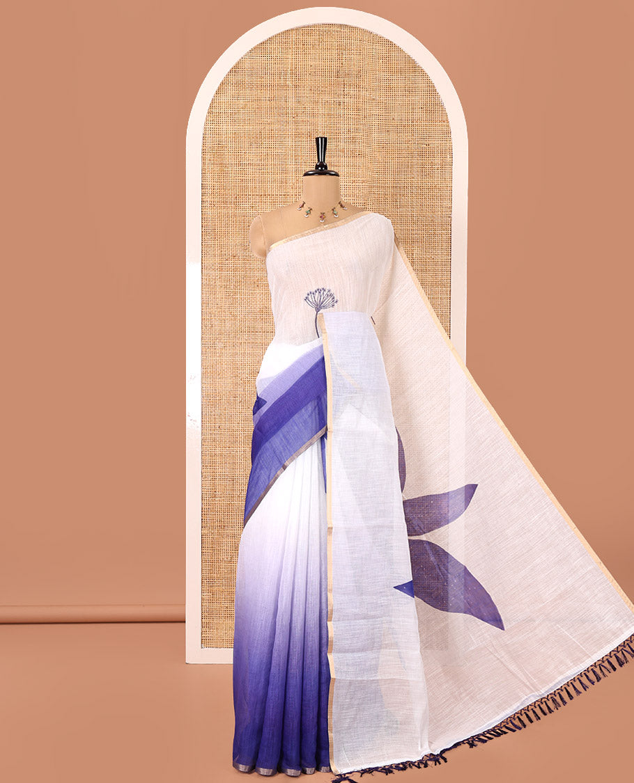 White-Blue Linen Cotton Saree Features Floral Print, Ombre-Style Dual-Color, a Piping Border, and a Contrast Blouse