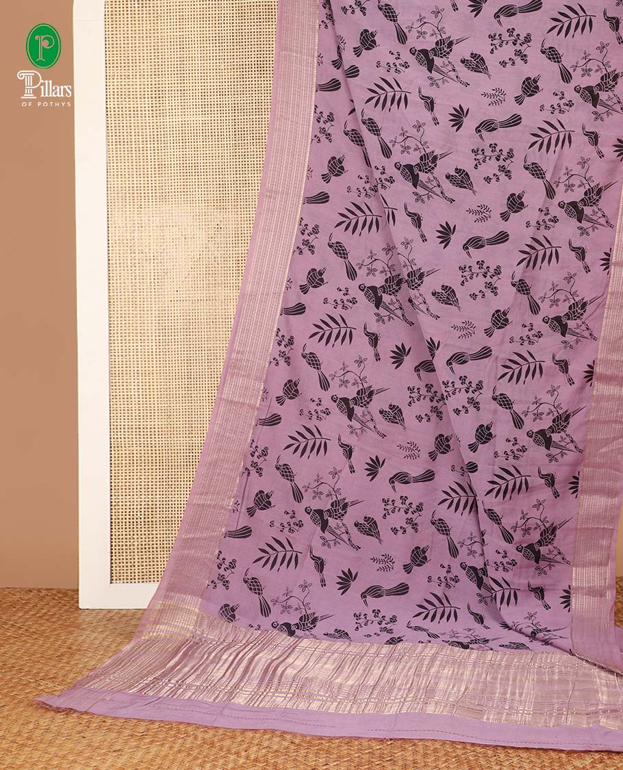 Purple birds printed assam silk saree with zari striped border & chit pallu along with butta printed blouse