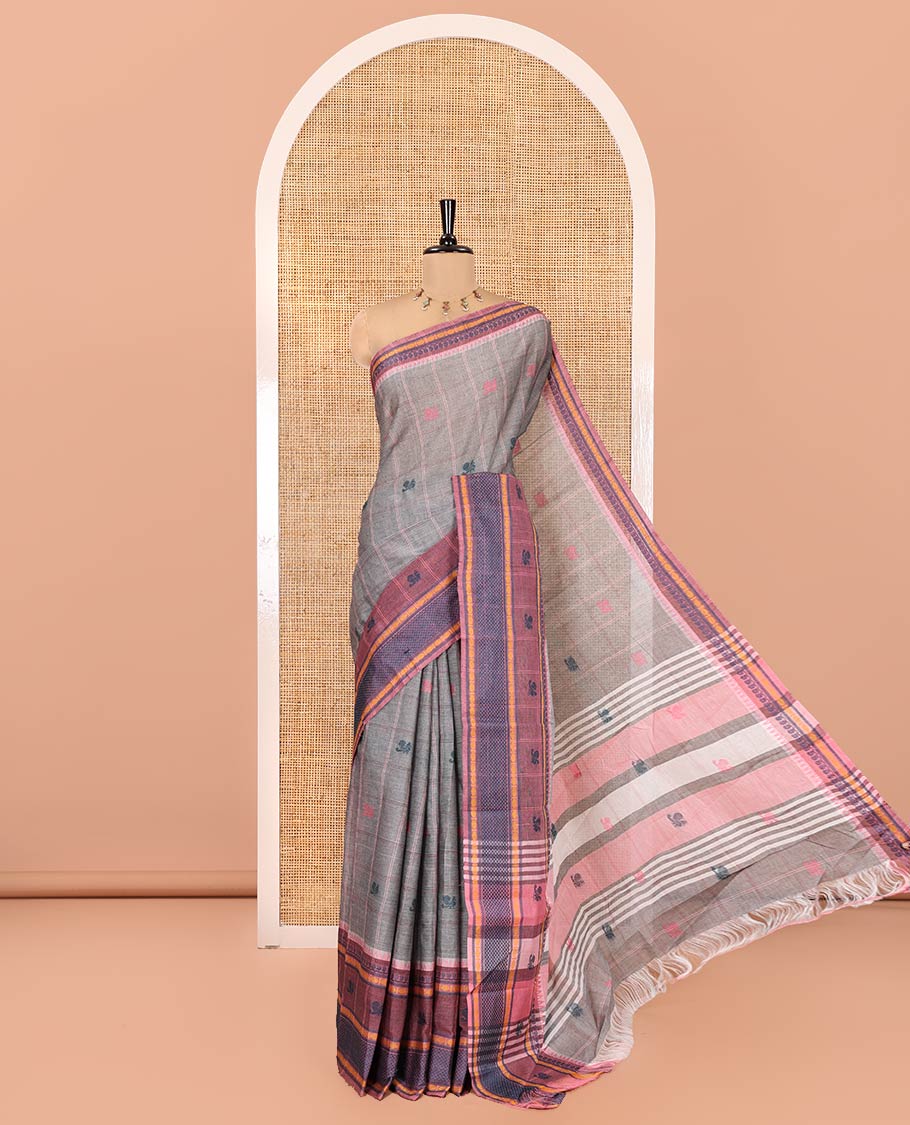 Grey Chettinad Cotton Saree, Finely Crafted with Resham Peacock Buttas Woven on Its Body, Complemented by Contrast Traditional Designs Thread Woven Border, Pallu of Stripes and Peacock Designs, and Paired with a Contrast Blouse