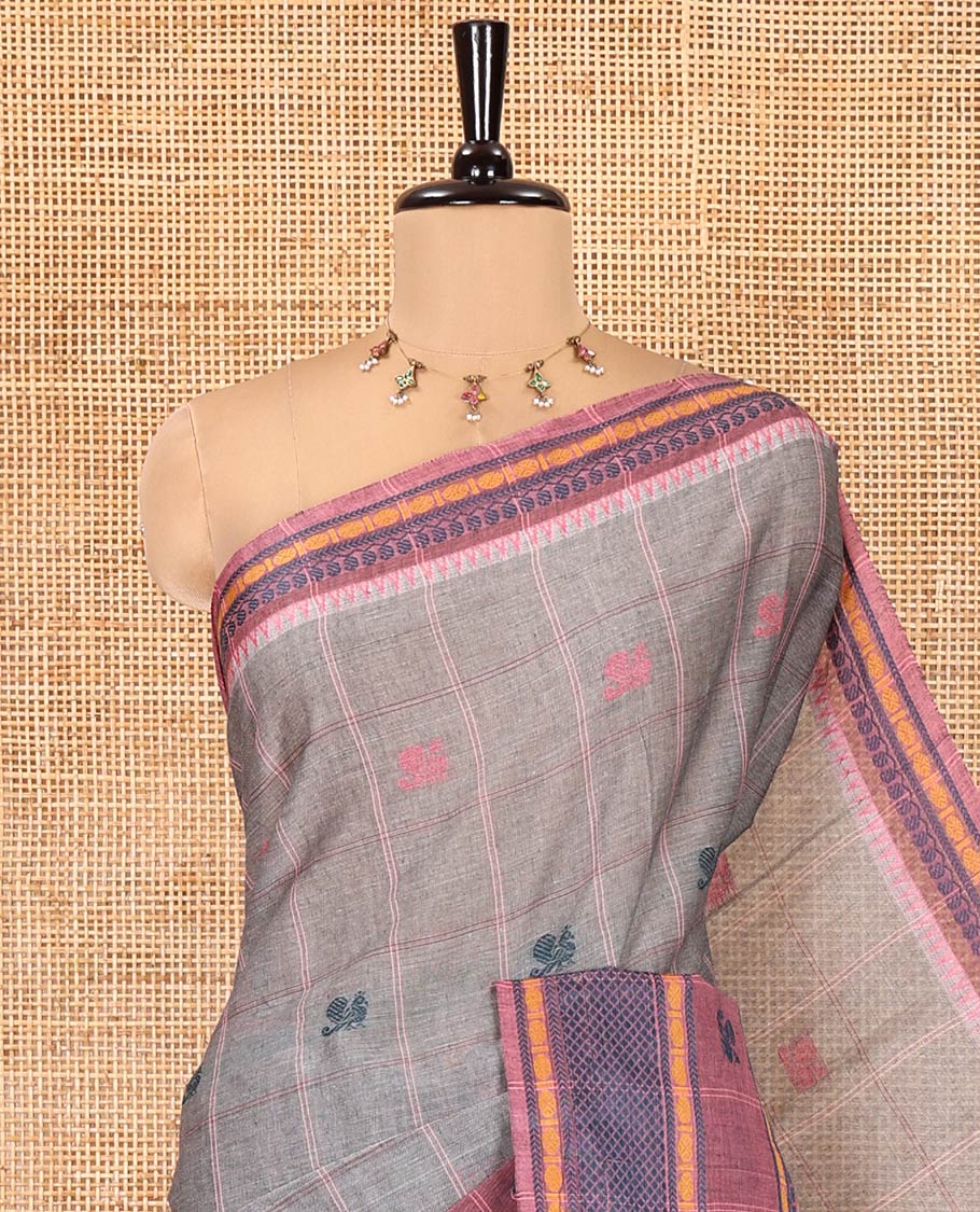 Grey Chettinad Cotton Saree, Finely Crafted with Resham Peacock Buttas Woven on Its Body, Complemented by Contrast Traditional Designs Thread Woven Border, Pallu of Stripes and Peacock Designs, and Paired with a Contrast Blouse