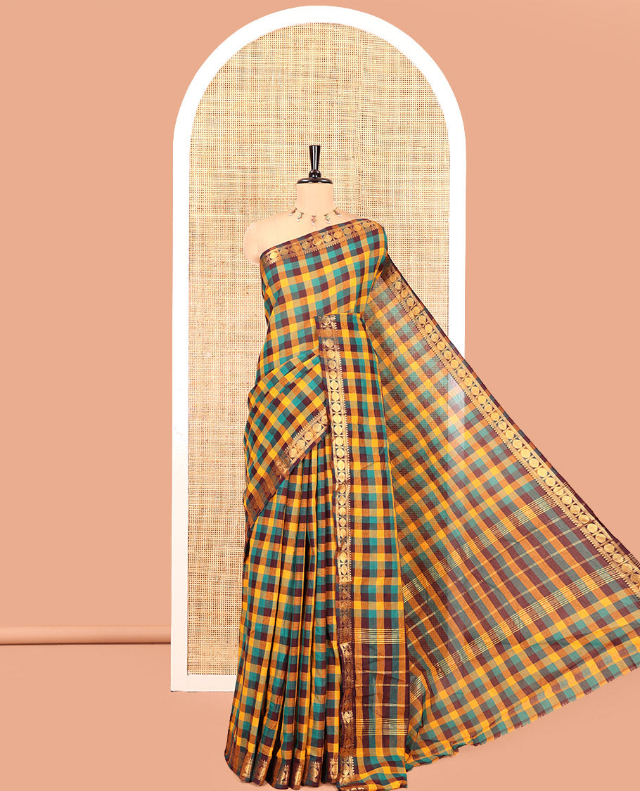 Yellow-Green Chettinad Cotton Saree, Elevated with Madras Checks, a Zari Rudraksham Border, and No Blouse
