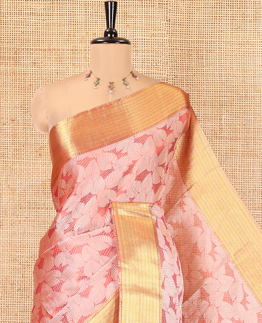 Pink Tissue Saree, Gleamed Up with Leaf Jacquard Design, Zari Traditional Border, a Self-Pallu, and a Matching Blouse