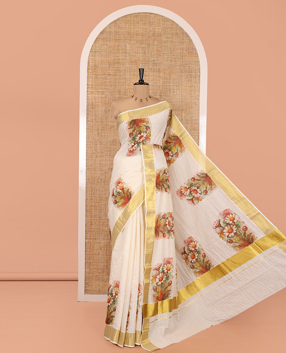 Cream Kerala Cotton Saree, Accentuated with Checks and Floral Zari Buttas, a Zari Border, a Self-Pallu and a Matching Blouse