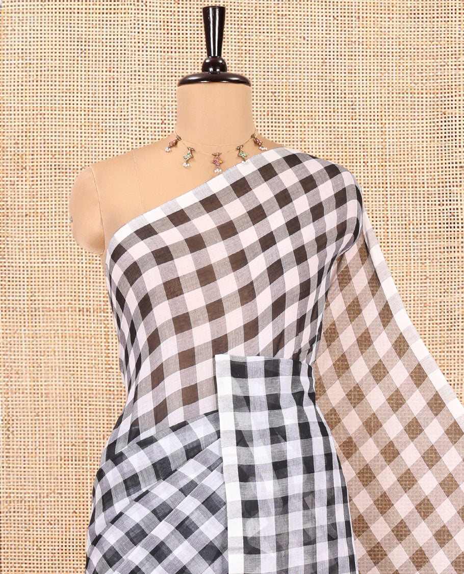 Borderless Black Khadi Mul Cotton Saree, Adorned with Micro-Checks and No Blouse