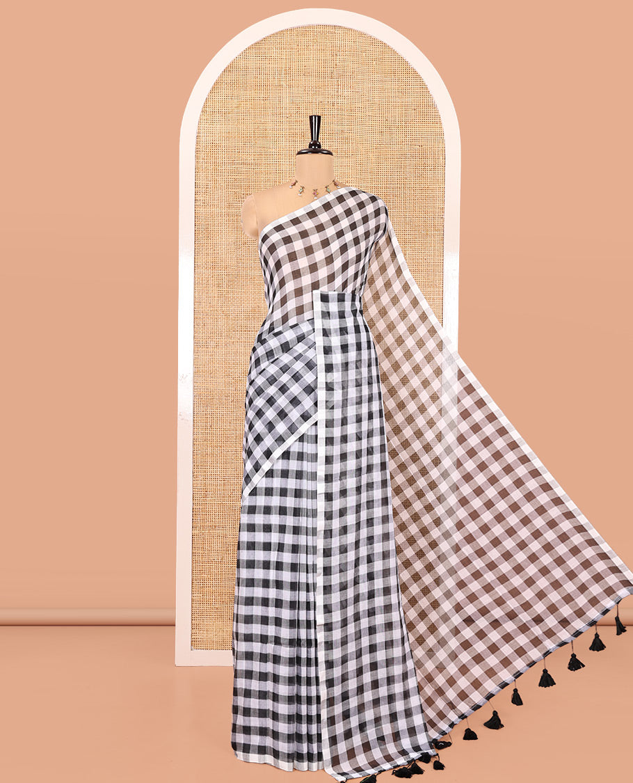 Borderless Black Khadi Mul Cotton Saree, Adorned with Micro-Checks and No Blouse