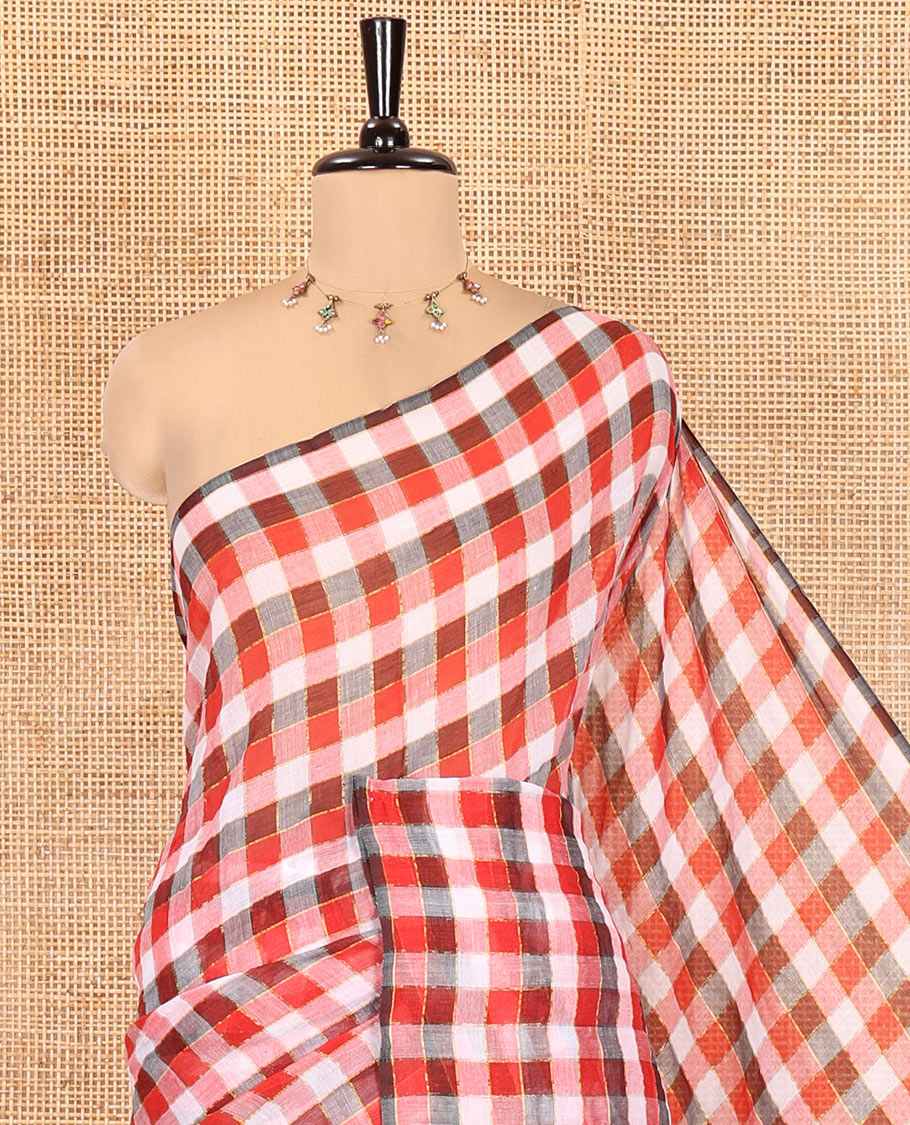 Borderless Red-Black Khadi Mul Cotton Saree , Adorned with Vintage-Style Micro-Checks, a Self-Pallu, and No Blouse