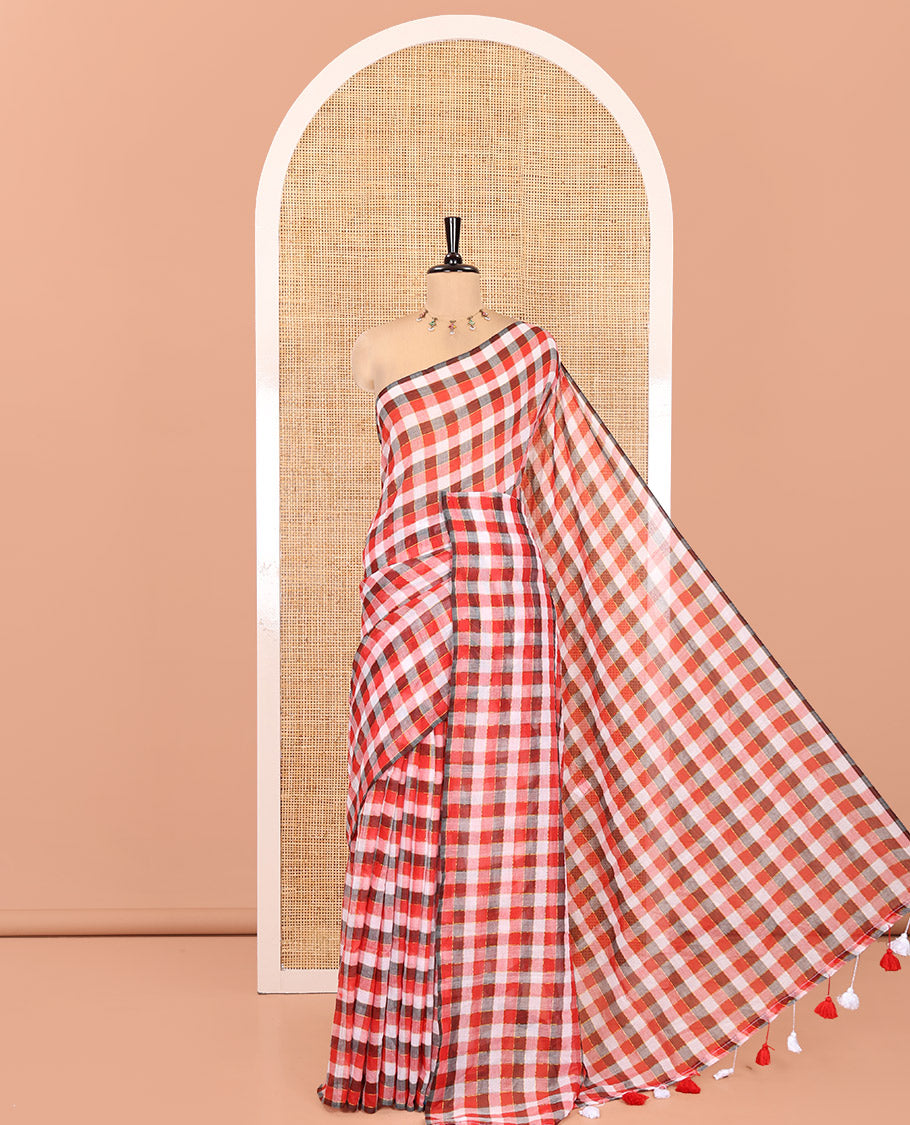 Borderless Red-Black Khadi Mul Cotton Saree , Adorned with Vintage-Style Micro-Checks, a Self-Pallu, and No Blouse