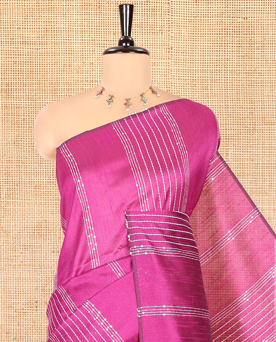 Borderless Magenta Semi-Raw Silk Saree, Decorated with Sequined Stripes, a Contrast Zari Striped Pallu, and Contrast Blouse