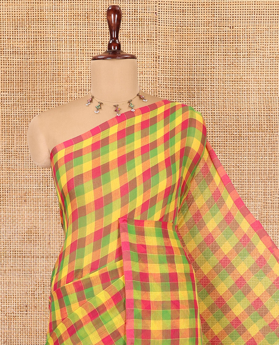 Borderless Green-Pink Khadi Mul Cotton Saree, Adorned with Madras Checks, Comes without Blouse