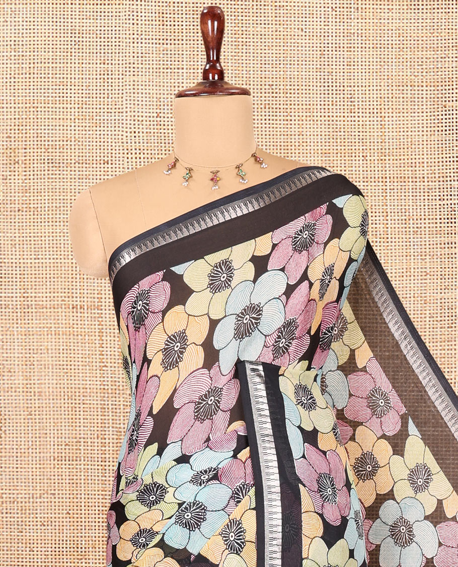 Black Georgette Saree Features Colorful Floral Print, a Zari Temple Border, a Printed Pallu, and a Matching Blouse