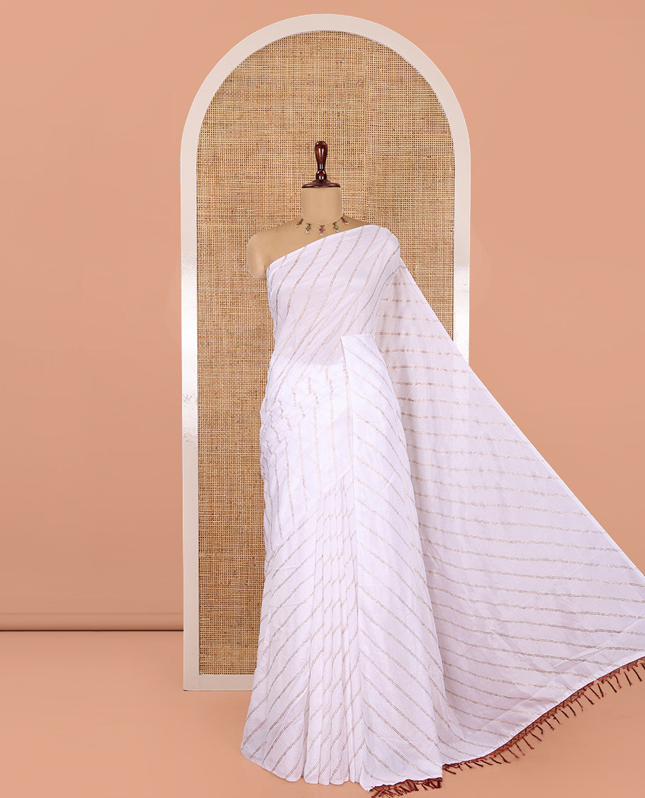 Borderless White-Maroon Rangoli Chiffon Saree, Gleamed Up with Foil-Printed Leheriya Stripes, a Contrast Sequins Blouse
