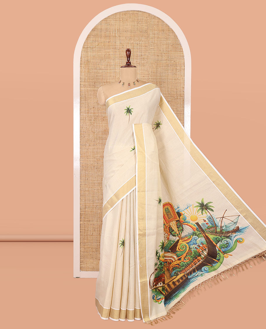 Cream Kerala Cotton Saree, Artfully Printed with Coconut Tree Motifs, a Zari Border, Kerala Culture Printed Pallu, and a Matching Blouse