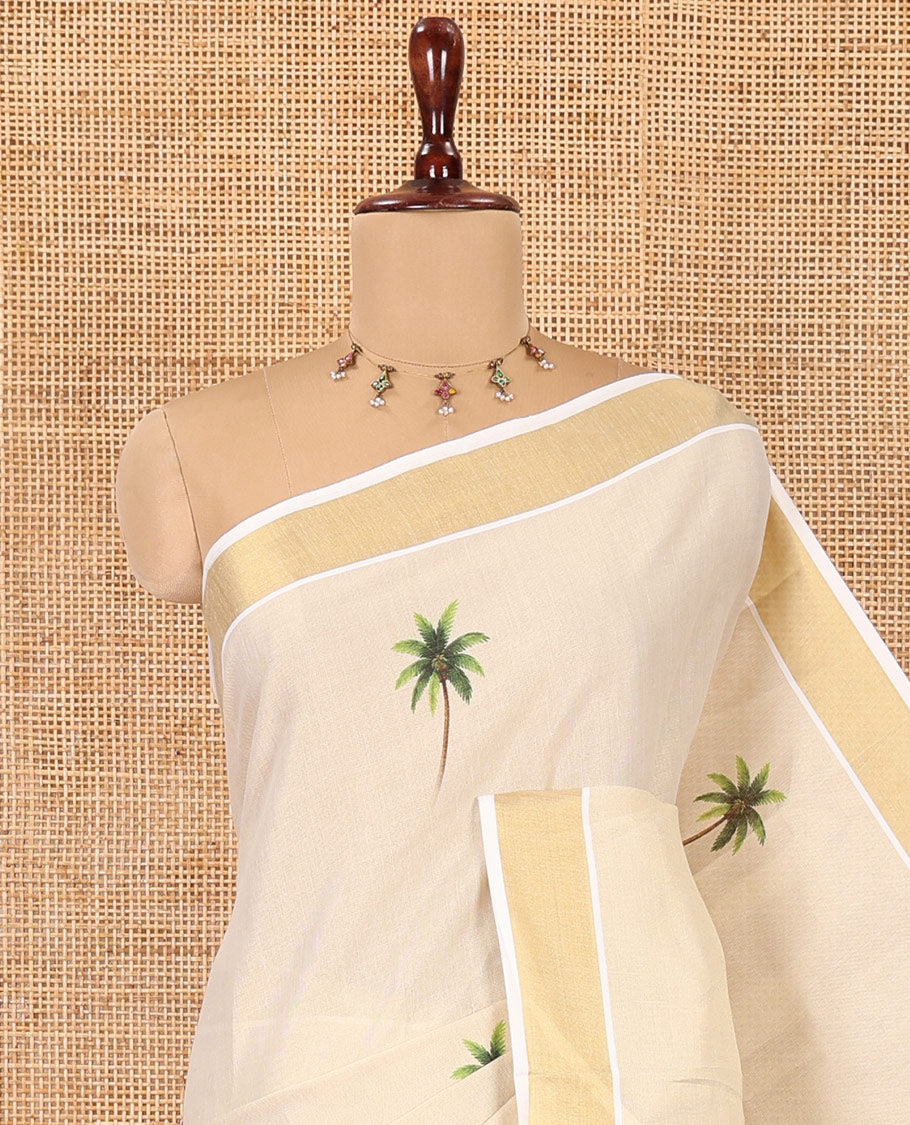 Cream Kerala Cotton Saree, Artfully Printed with Coconut Tree Motifs, a Zari Border, Kerala Culture Printed Pallu, and a Matching Blouse
