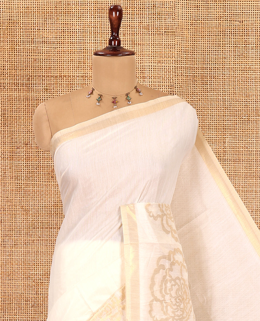 Cream Plain Chanderi Cotton Saree, Highlighted by Floral Motifs Border, a Self-Pallu, and a Matching Blouse