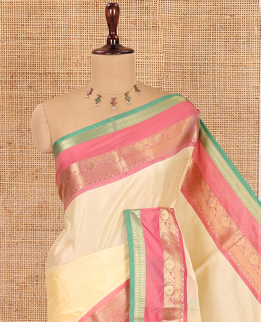 Chikku Plain Semi-Katan Silk Saree, Contrast Traditional Rettai Pettu Border, Striped Pallu, and a Matching Blouse