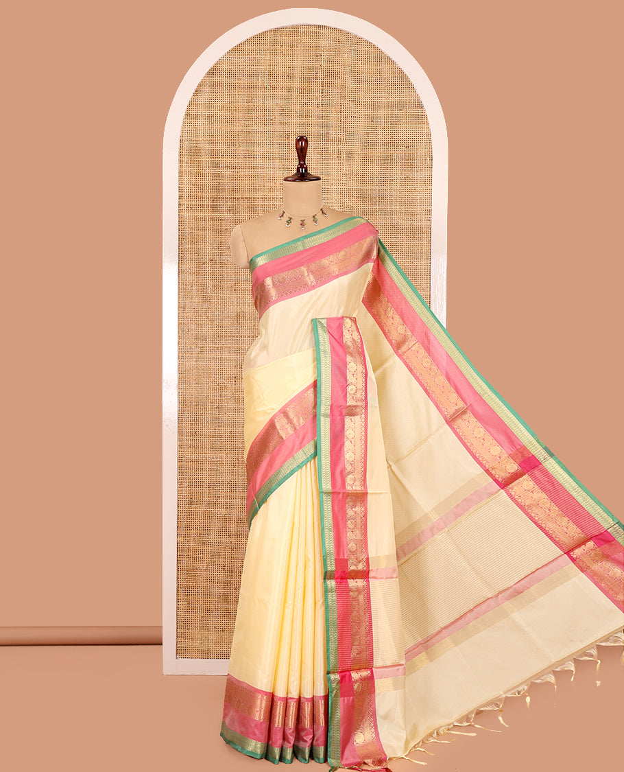 Chikku Plain Semi-Katan Silk Saree, Contrast Traditional Rettai Pettu Border, Striped Pallu, and a Matching Blouse