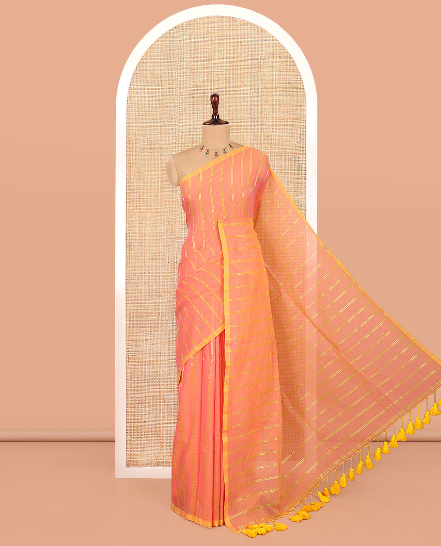 Borderless Pink Khadi Mul Cotton Saree, Adorned with Vertical Zari Stripes, a Self-Pallu, and No Blouse