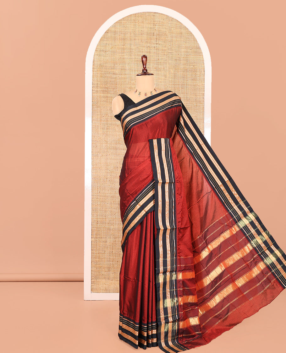 Maroon Plain Mercerised Cotton Saree, Contrast Traditional Thread Temple Border, Striped Pallu, and a Matching Blouse
