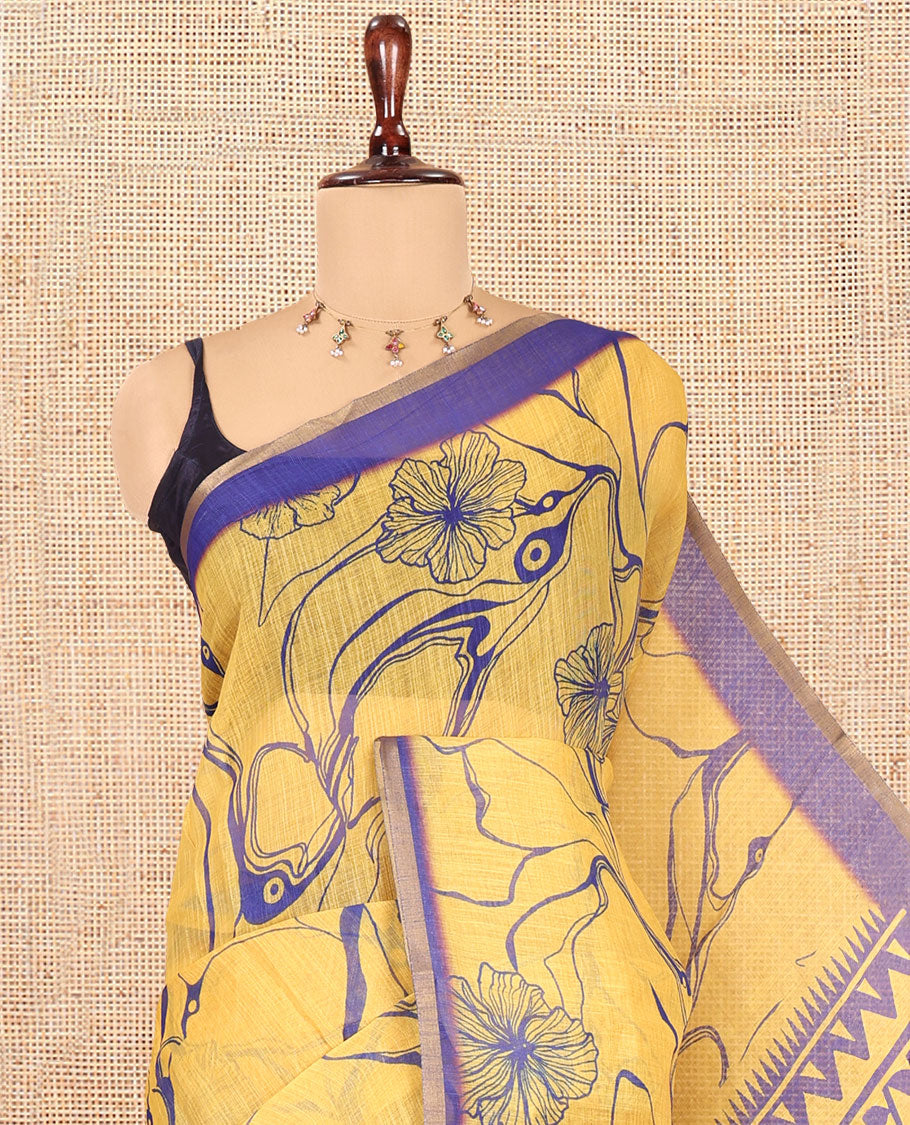 Yellow Abstract Printed Linen Cotton Saree, Complemented by a Contrast Border, Floral Printed Pallu, and a Contrast Blouse