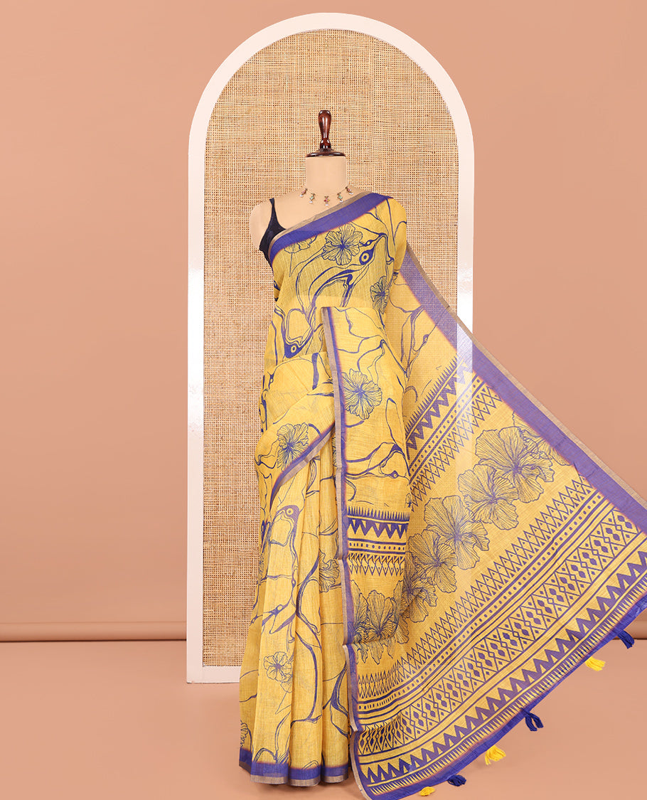 Yellow Abstract Printed Linen Cotton Saree, Complemented by a Contrast Border, Floral Printed Pallu, and a Contrast Blouse