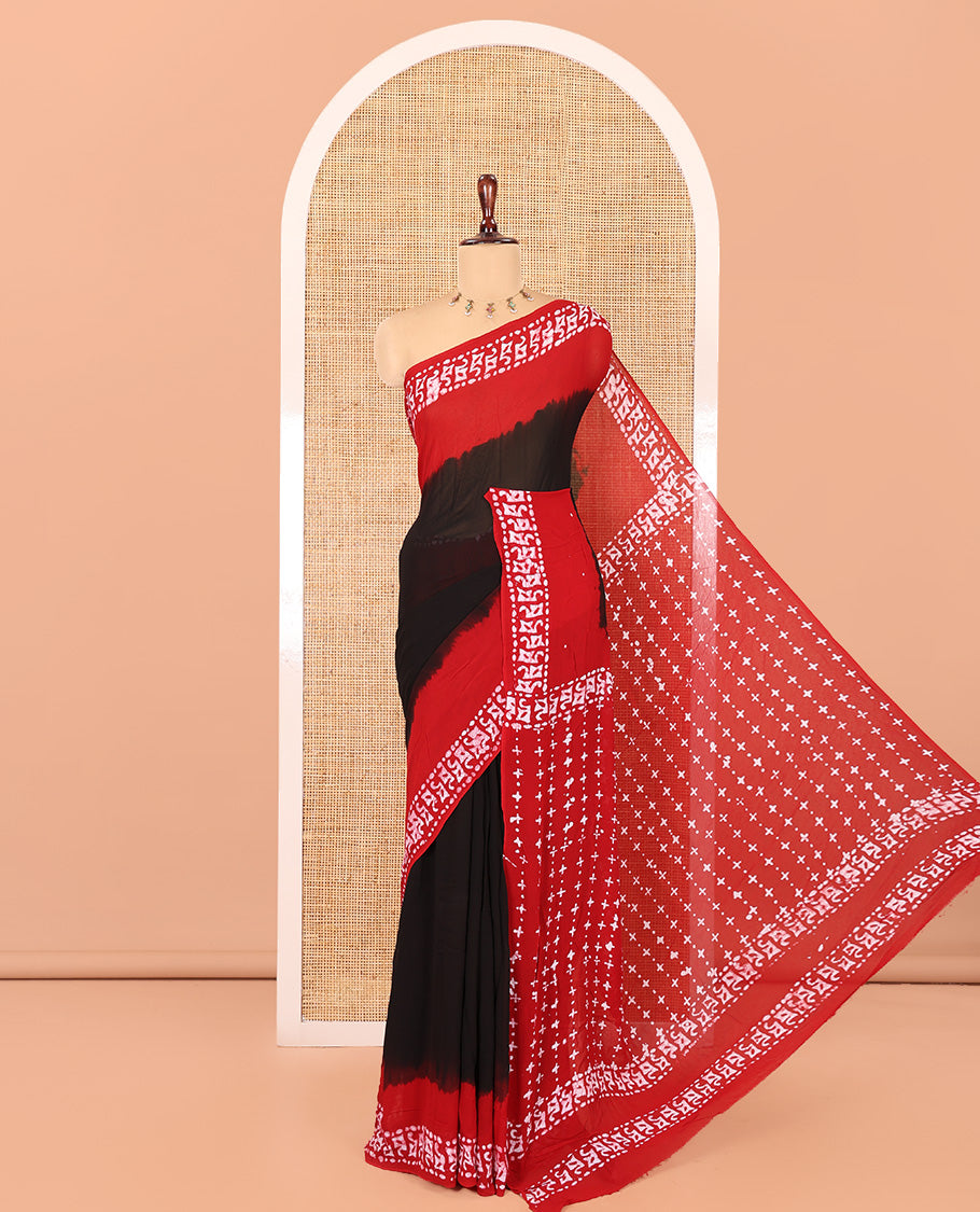 Black-Red Plain 60gm Georgette Saree, Contrast Batik Printed Border, Batik Printed Pallu, and a Matching Blouse