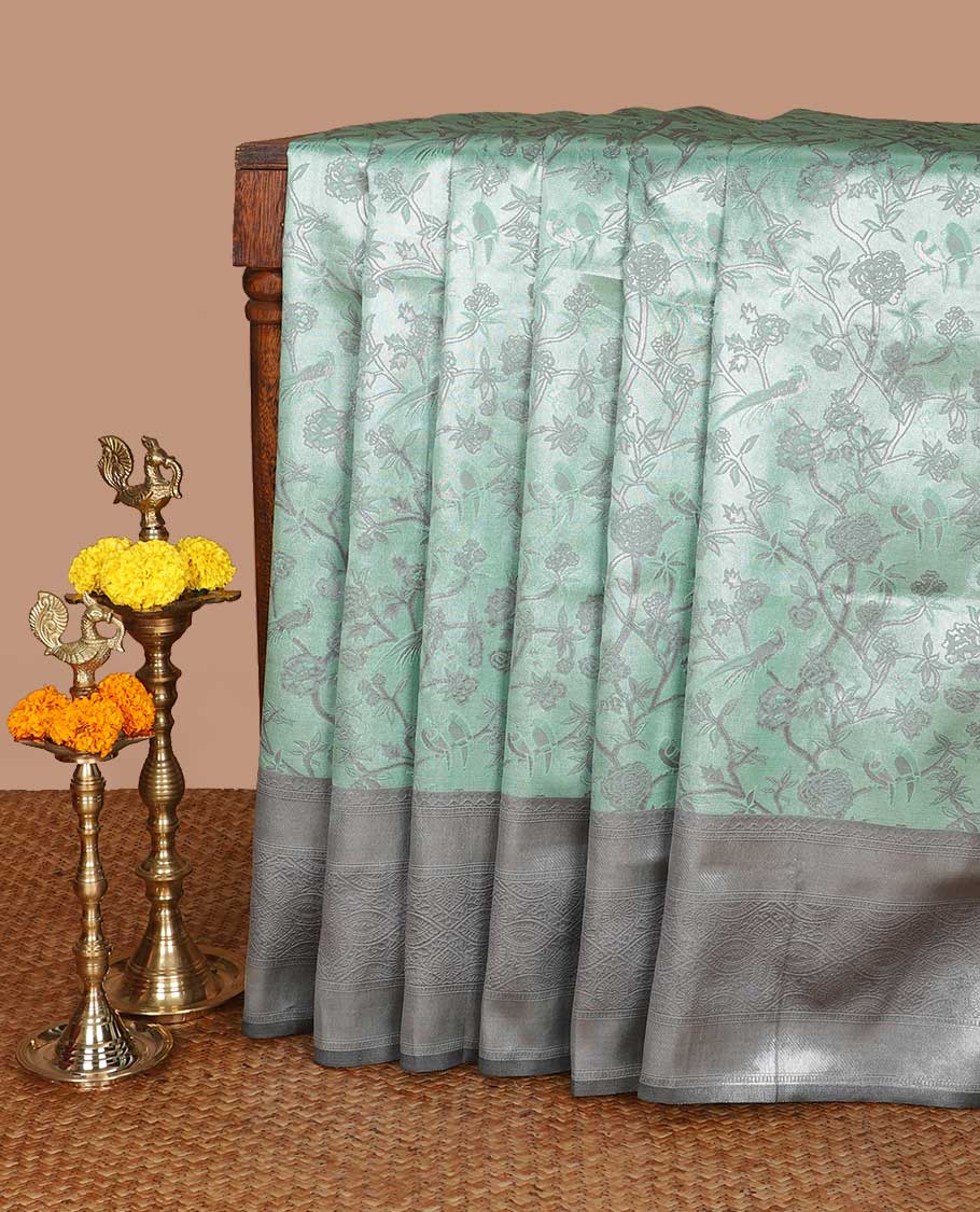 Green with grey fancy zari weaving design litchi silk saree with contrast jacquard border & weaving rich pallu along with butta zari design blouse