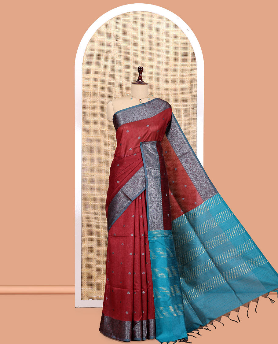 Maroon Semi-Raw Silk Saree Features Thread Buttas, Contrast Intricate Border, Striped Pallu, and a Contrast Blouse