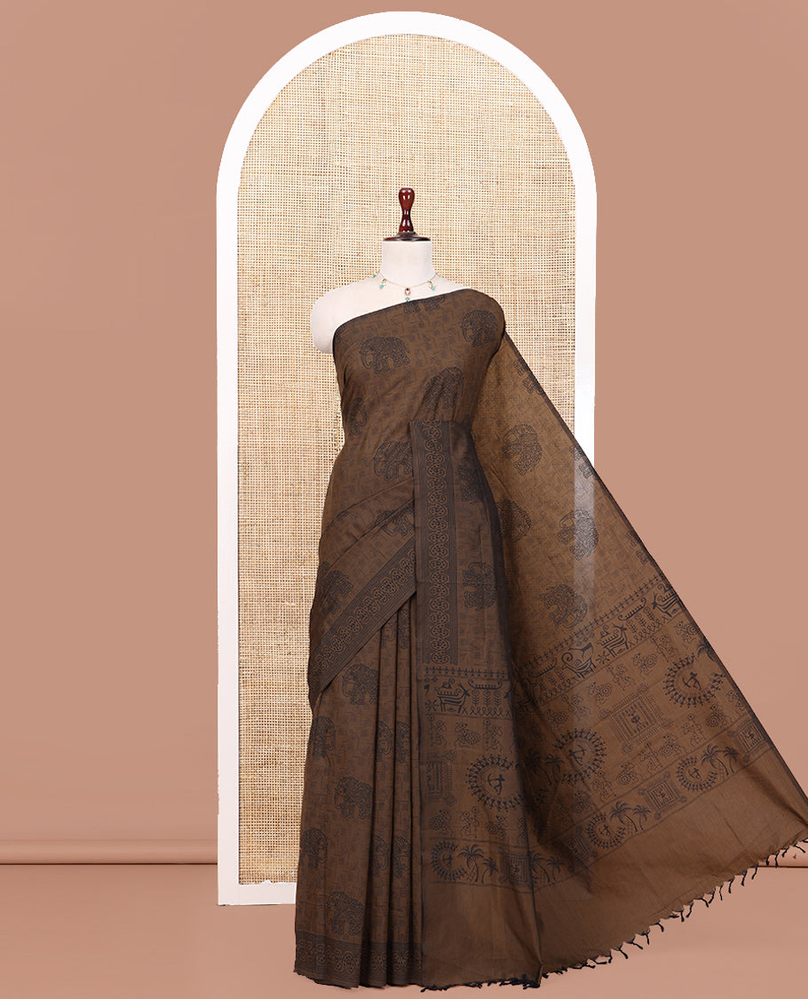 Brown South Cotton Saree Features Leaf and Elephant Motifs Print, a Subtle Printed Border, and a Matching Blouse