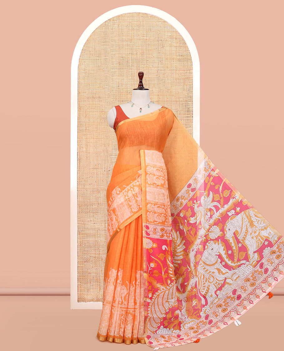 Orange Linen Cotton Saree Features Kalamkari-Style Human Motifs Print, a Piping Border, Contrast Printed Pallu, and Contrast Blouse