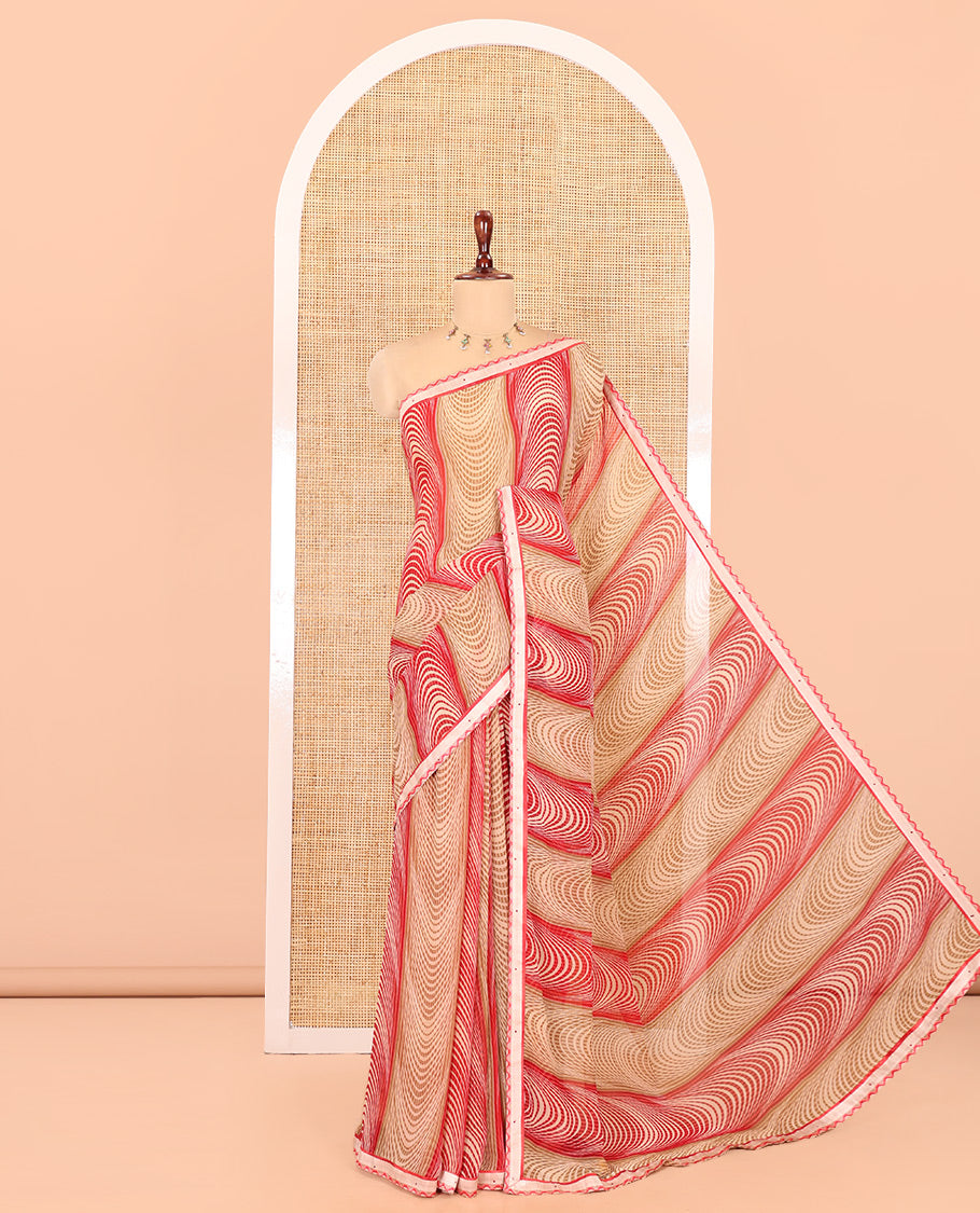 Brown-Red Chiffon Saree, Adorned with Geometric Print, a Lace Border, and a Polka-Dotted Blouse