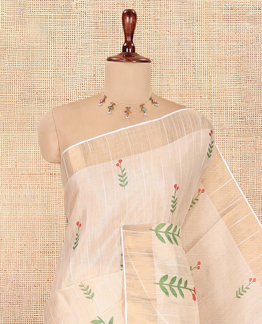 Cream-Red Tissue Linen Cotton Saree Features Floral Buttas, a Zari Border, Floral Pallu, Matching Blouse