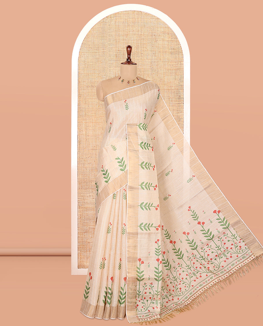 Cream-Red Tissue Linen Cotton Saree Features Floral Buttas, a Zari Border, Floral Pallu, Matching Blouse