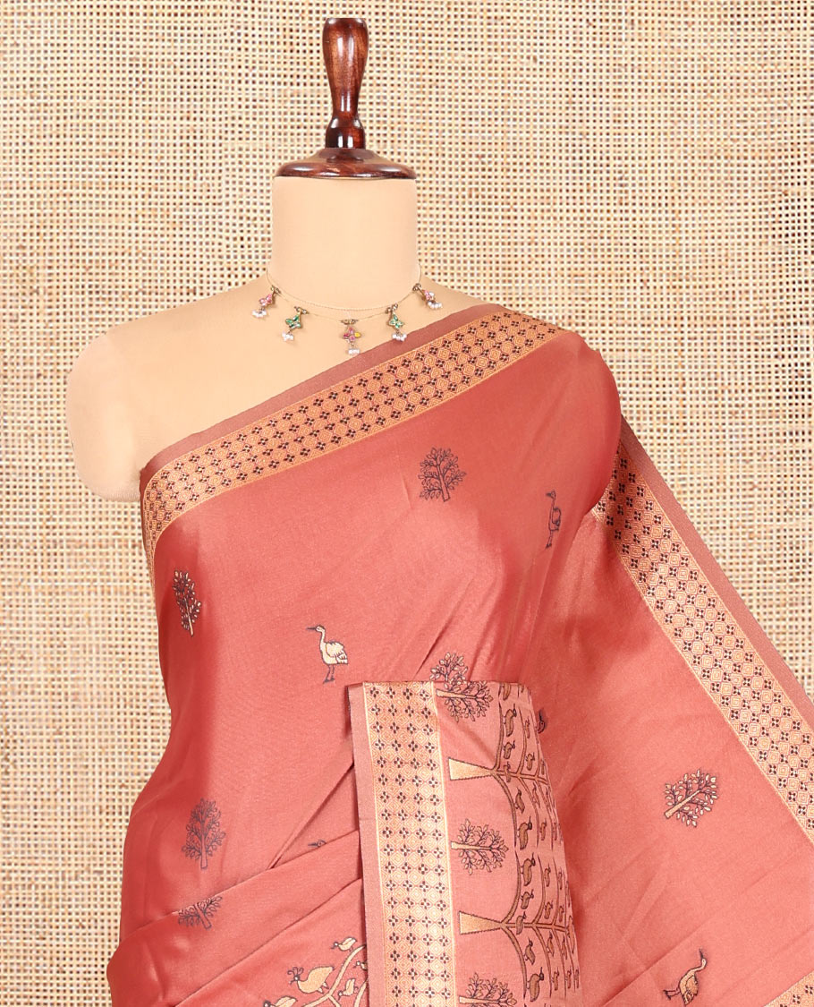Rust Satin Silk Saree, Adorned with Flora-Fauna Buttas, Tree-Bird Border, Intricate Pallu, Matching Blouse