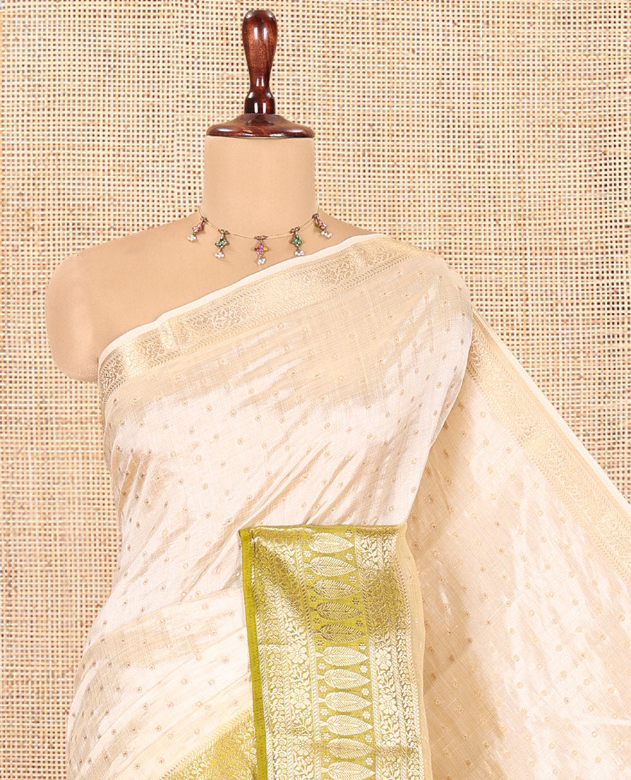 Cream-Green Semi-Tussar Saree Features 1000 Buttas, a Contrast Traditional Border, and Contrast Blouse