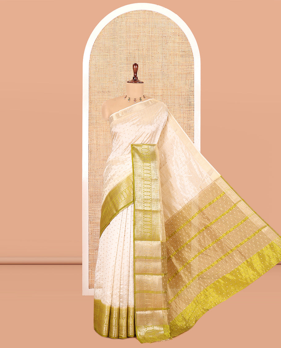 Cream-Green Semi-Tussar Saree Features 1000 Buttas, a Contrast Traditional Border, and Contrast Blouse