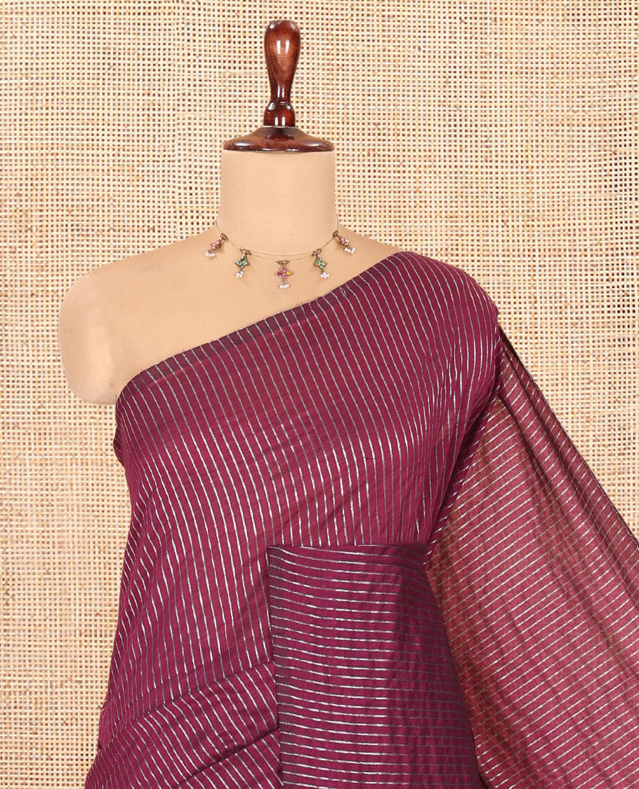 Borderless Purple Zari Striped Khadi Cotton Saree, Contrast Pallu, and No Blouse