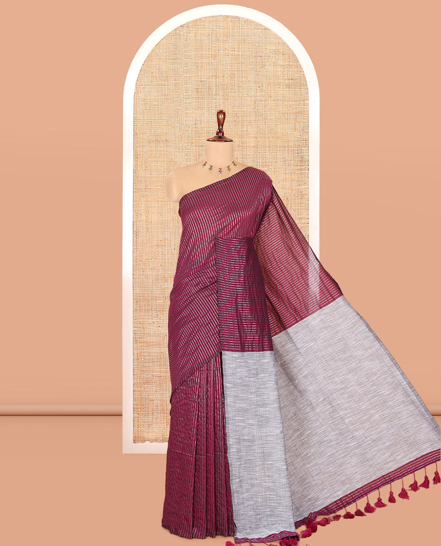 Borderless Purple Zari Striped Khadi Cotton Saree, Contrast Pallu, and No Blouse