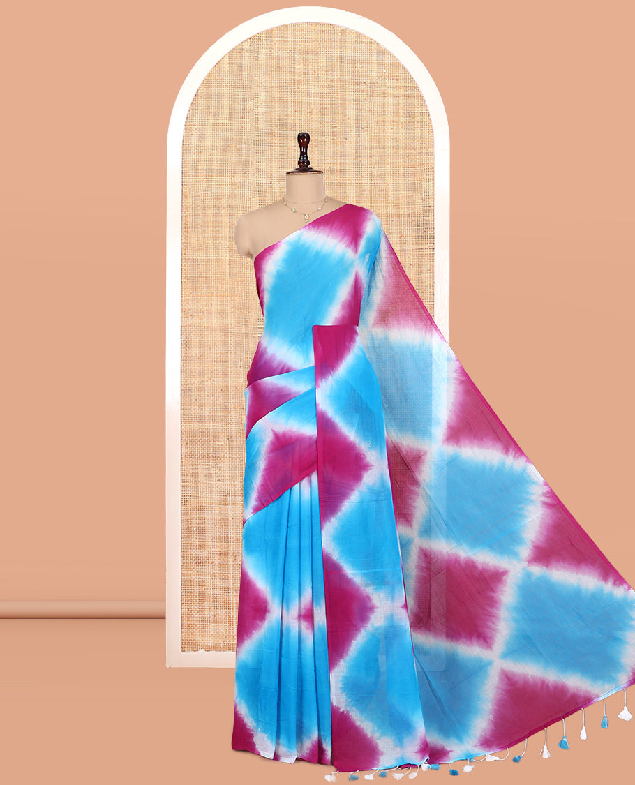 Borderless Blue-Pink Diamond Shibori Printed Khadi Mul Cotton Saree, and No Blouse