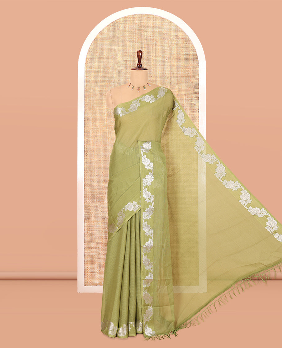 Green Wrinkle Chiffon Saree, Highlighted by Floral Creeper Border, and No Blouse
